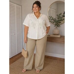 Ann Gerlin Ivory Linen Embroidered Shirt Blouse Size 18 Grandmacore Cottage Vtg
